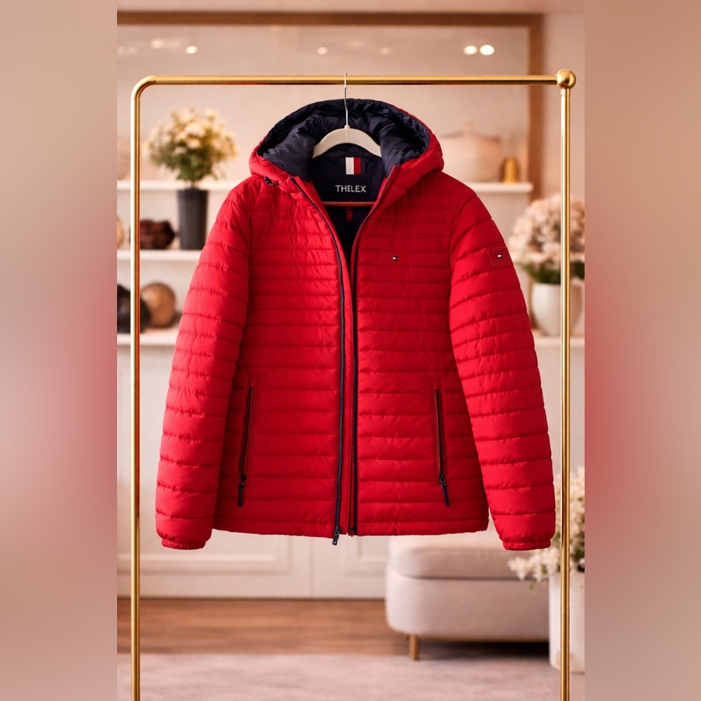 Tommy Hilfiger Red Quilted Hooded Puffer Jacket Men’s Medium Coat NWT